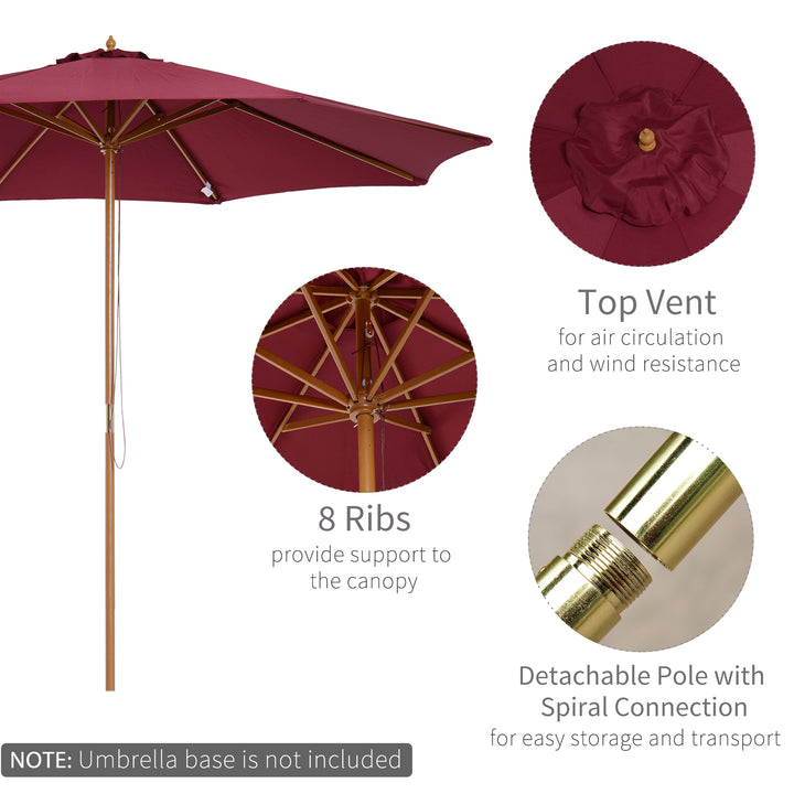 Outsunny ⌀3m Bamboo Wooden Market Patio Umbrella Garden Parasol Outdoor Sunshade Canopy, 8-ribs,Wine Red