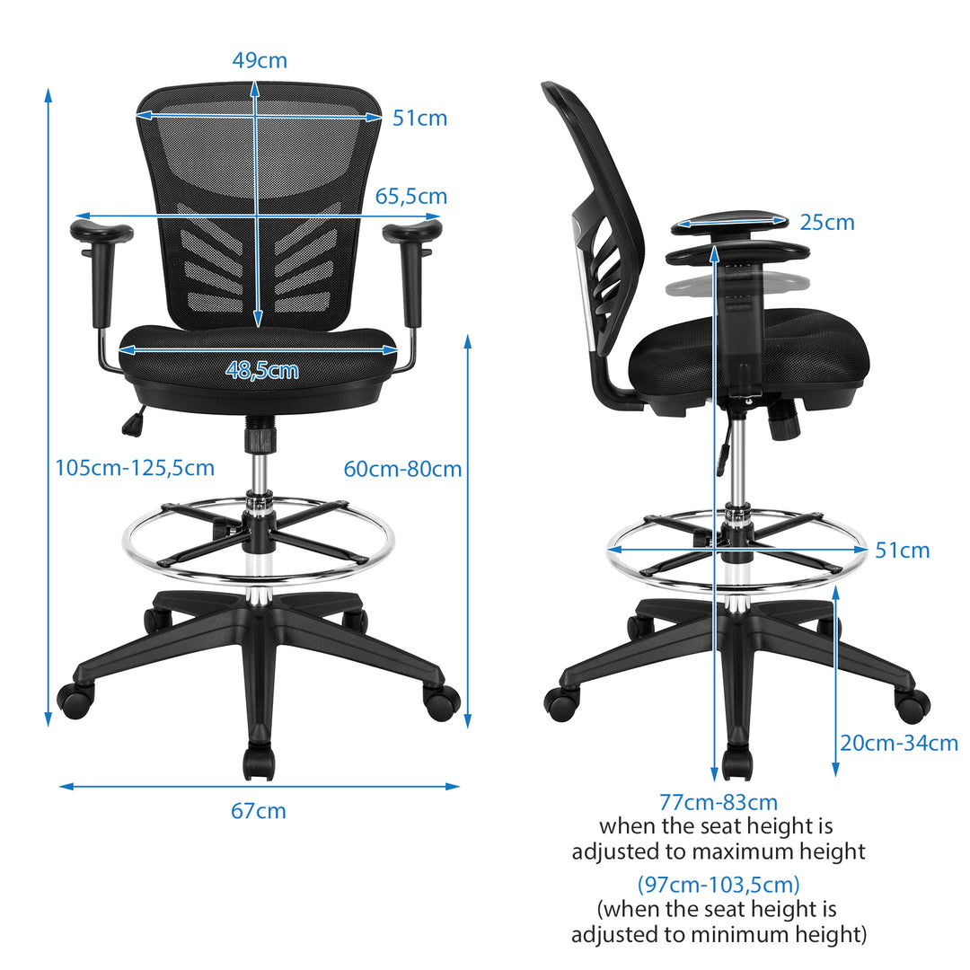 Mesh Drafting Chair with Adjustable Footrest-Black