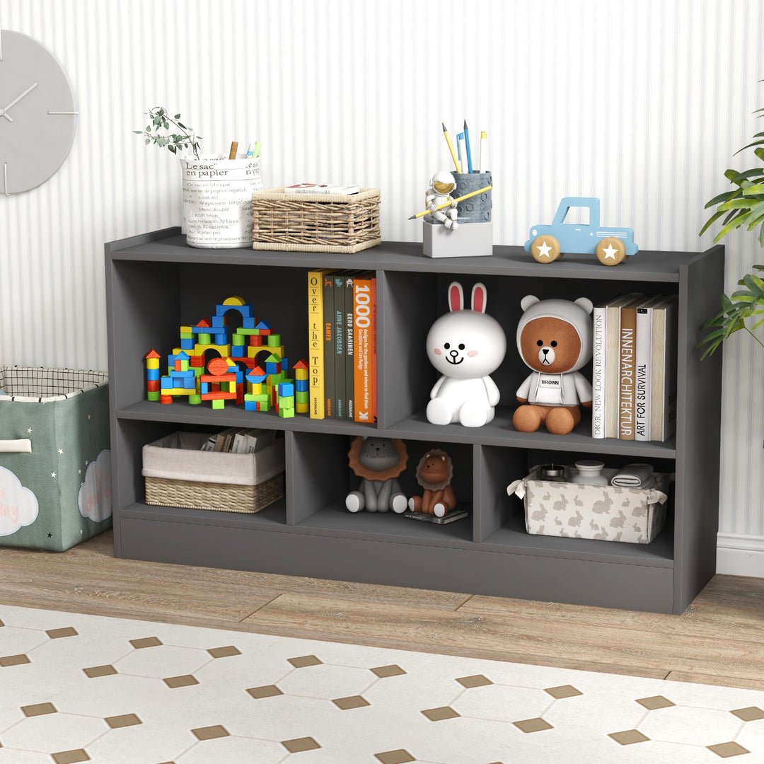 2-Tier Wooden Kids Bookcase with 5 Compartments for Playroom Study-Grey