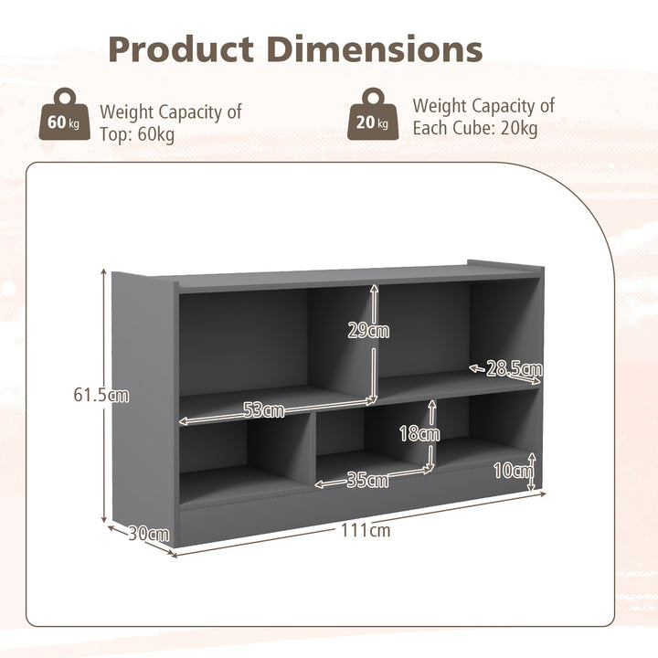 2-Tier Wooden Kids Bookcase with 5 Compartments for Playroom Study-Grey