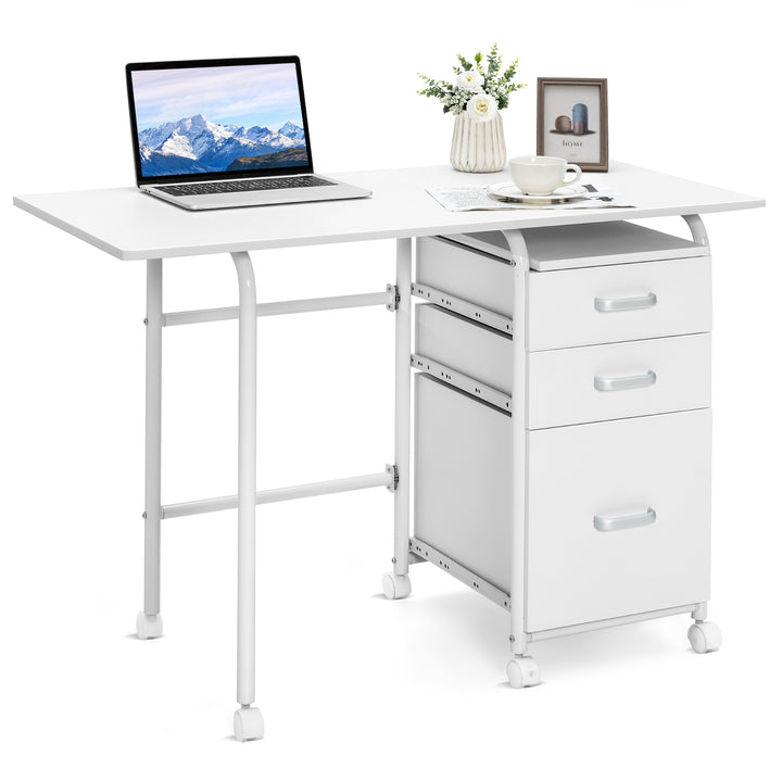 Folding Computer Desk w/ Rolling Wheels and 3 Drawers-White