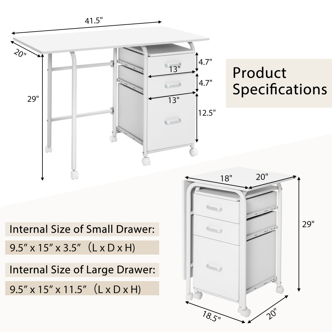 Folding Computer Desk w/ Rolling Wheels and 3 Drawers-White