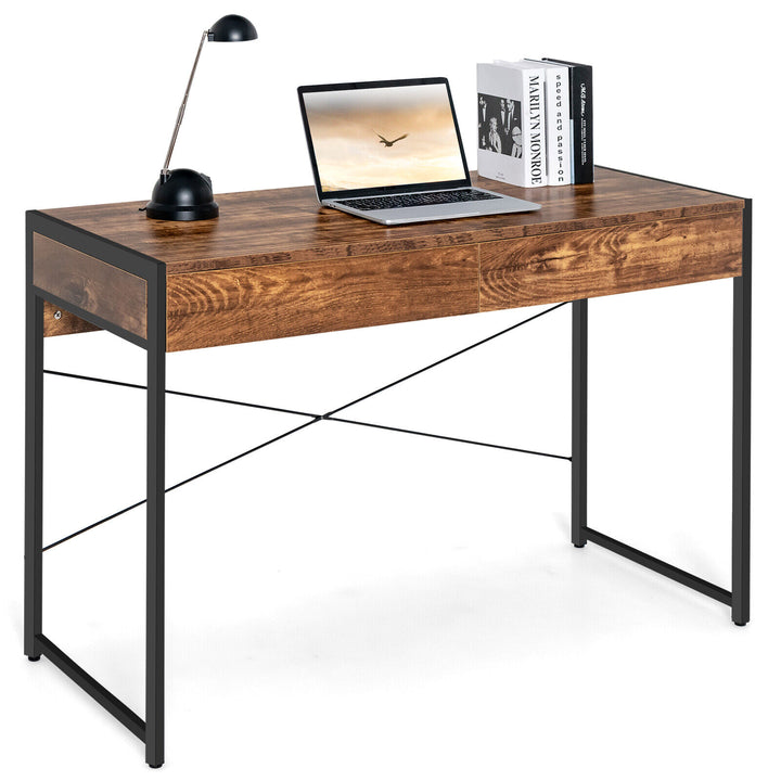 Wooden Study Computer Desk with 2 Drawers-Rustic Brown