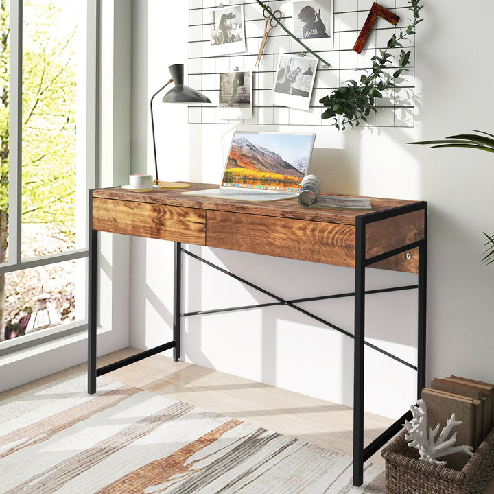 Wooden Study Computer Desk with 2 Drawers-Rustic Brown