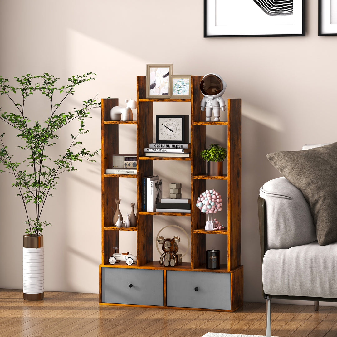 Wooden Bookshelf with Folding Drawer for Study Living Room-Brown