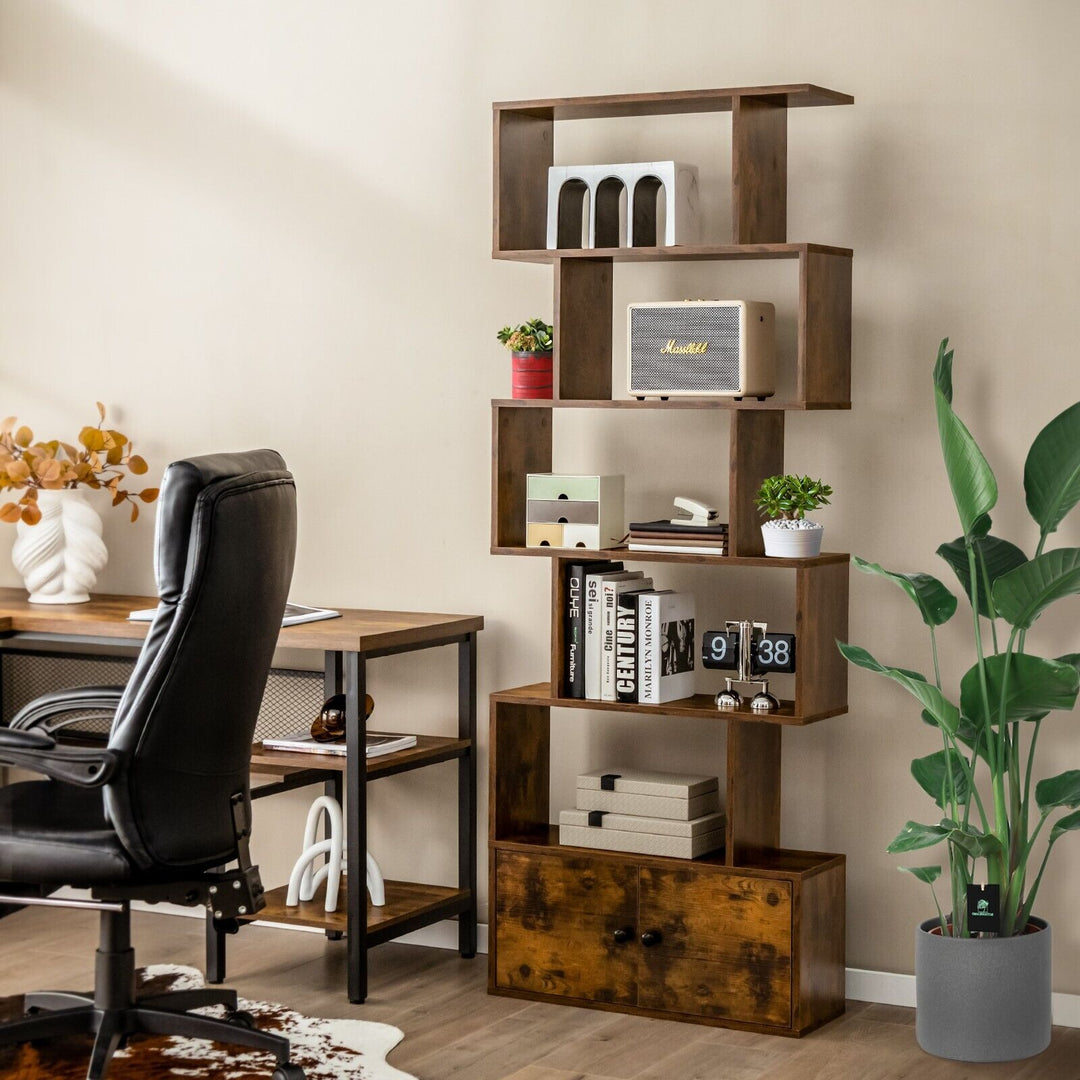 Industrial S-Shaped 5-tier Bookcase with Cabinet-Rustic Brown