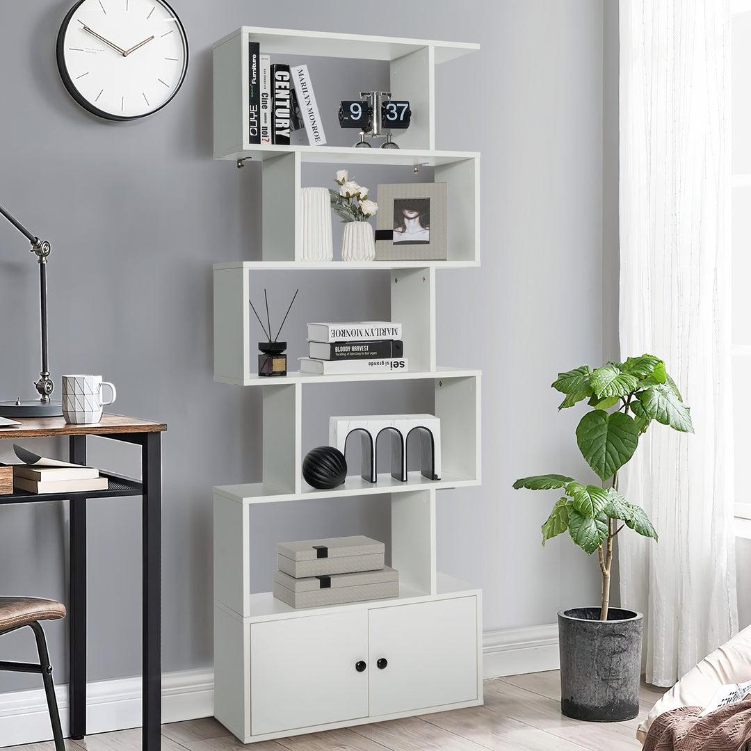 Industrial S-Shaped 5-tier Bookcase with Cabinet-White