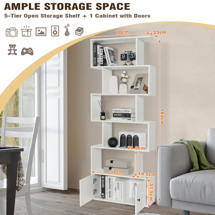 Industrial S-Shaped 5-tier Bookcase with Cabinet-White