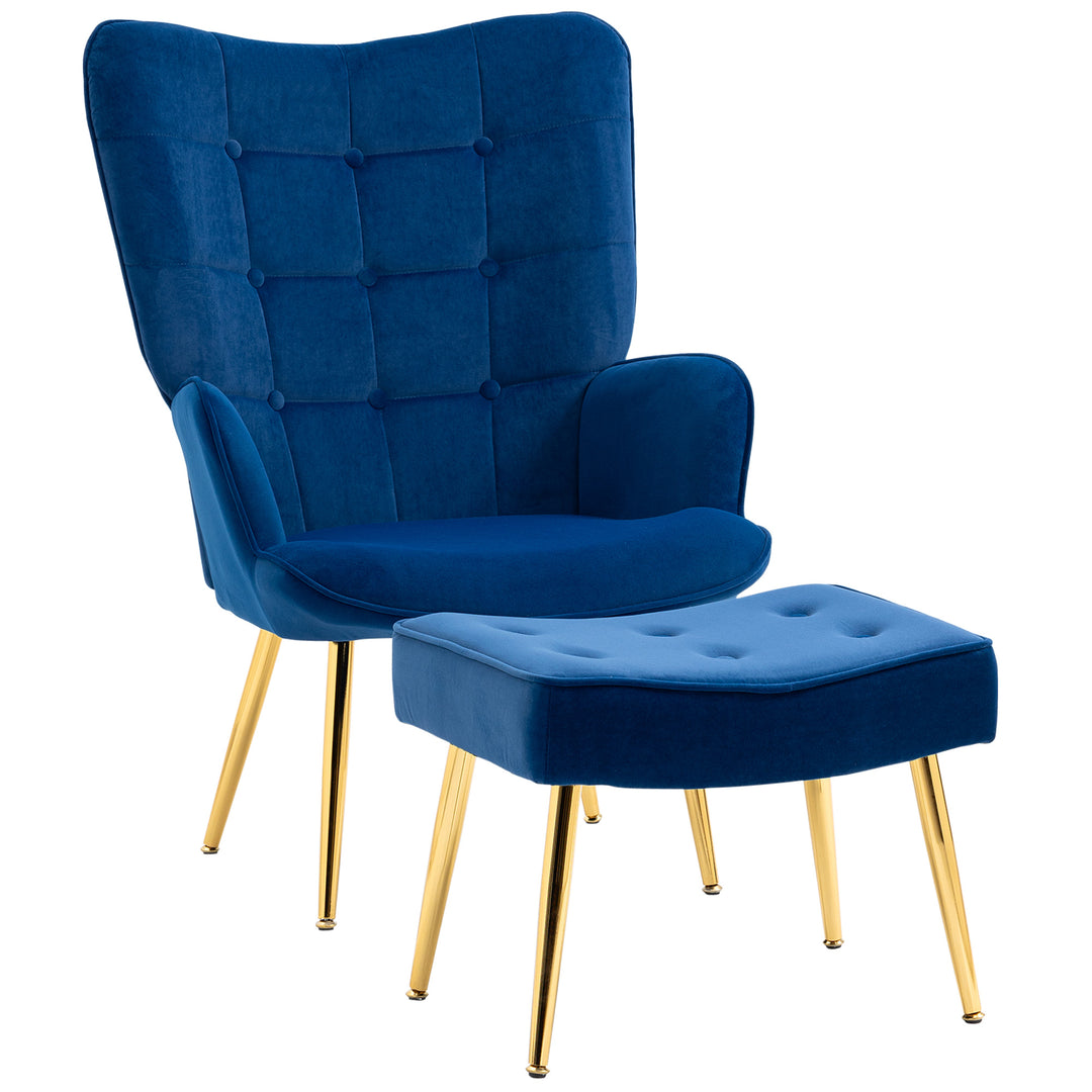 Upholstered Armchair with Footstool Set, Modern Button Tufted Accent Chair with Gold Tone Steel Legs, Wingback Chair for Living Room, Bedroom, Home Study, Dark Blue