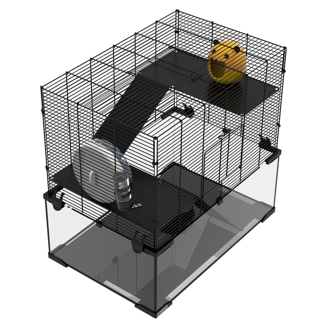 3 Tiers Hamster Cage, Gerbil Cage with Deep Glass Bottom, Non-Slip Ramps, Platforms, Hut Exercise Wheels Water Bottle for Syrian Dwarf Hamster