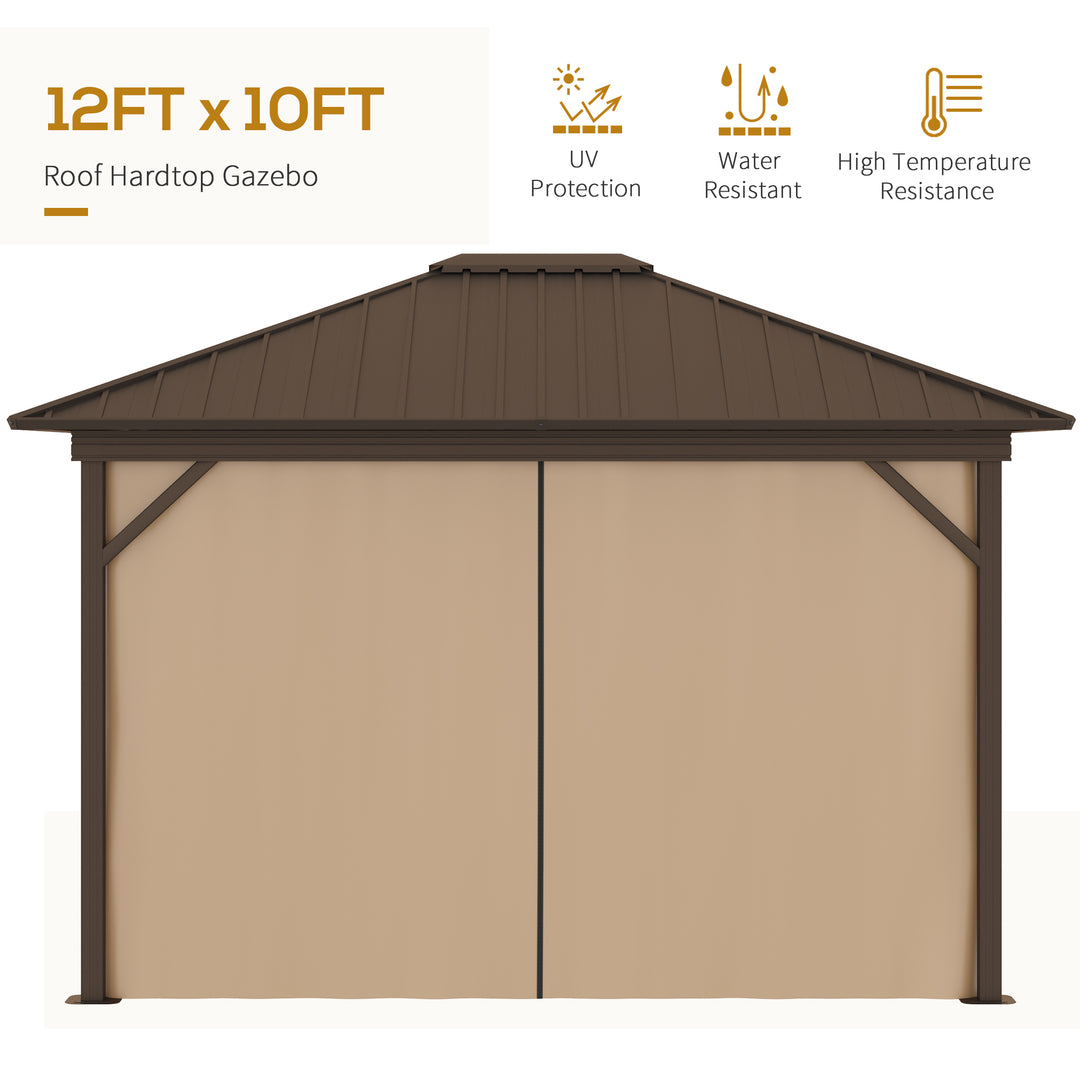 Outsunny 3.6 x 3(m) Outdoor Hardtop Gazebo Metal Roof Patio Gazebo with Aluminum Frame, Mesh Nettings, Curtains, &amp; Roomy Interior Space, Brown