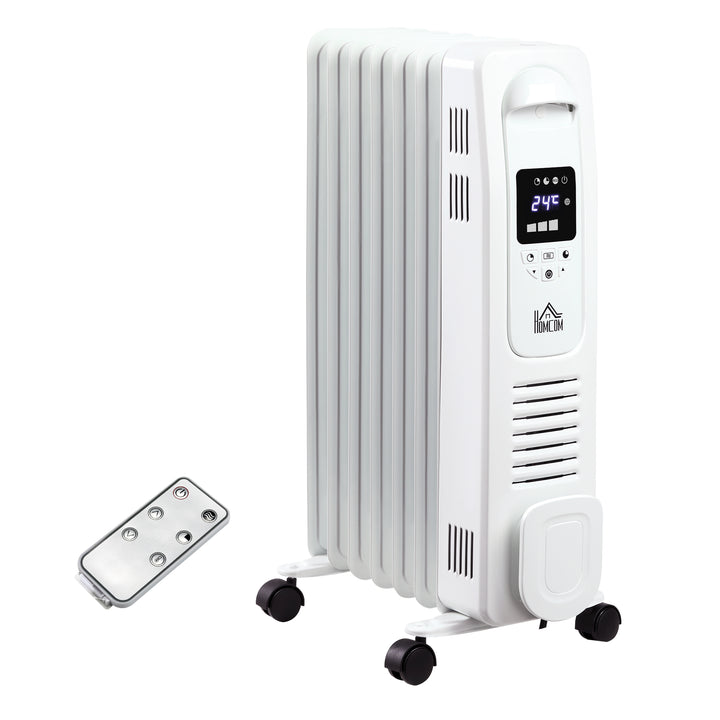 HOMCOM 1630W Digital Oil Filled Radiator, 7 Fin, Portable Electric Heater with LED Display, 3 Heat Settings, Safety Cut-Off and Remote Control, White