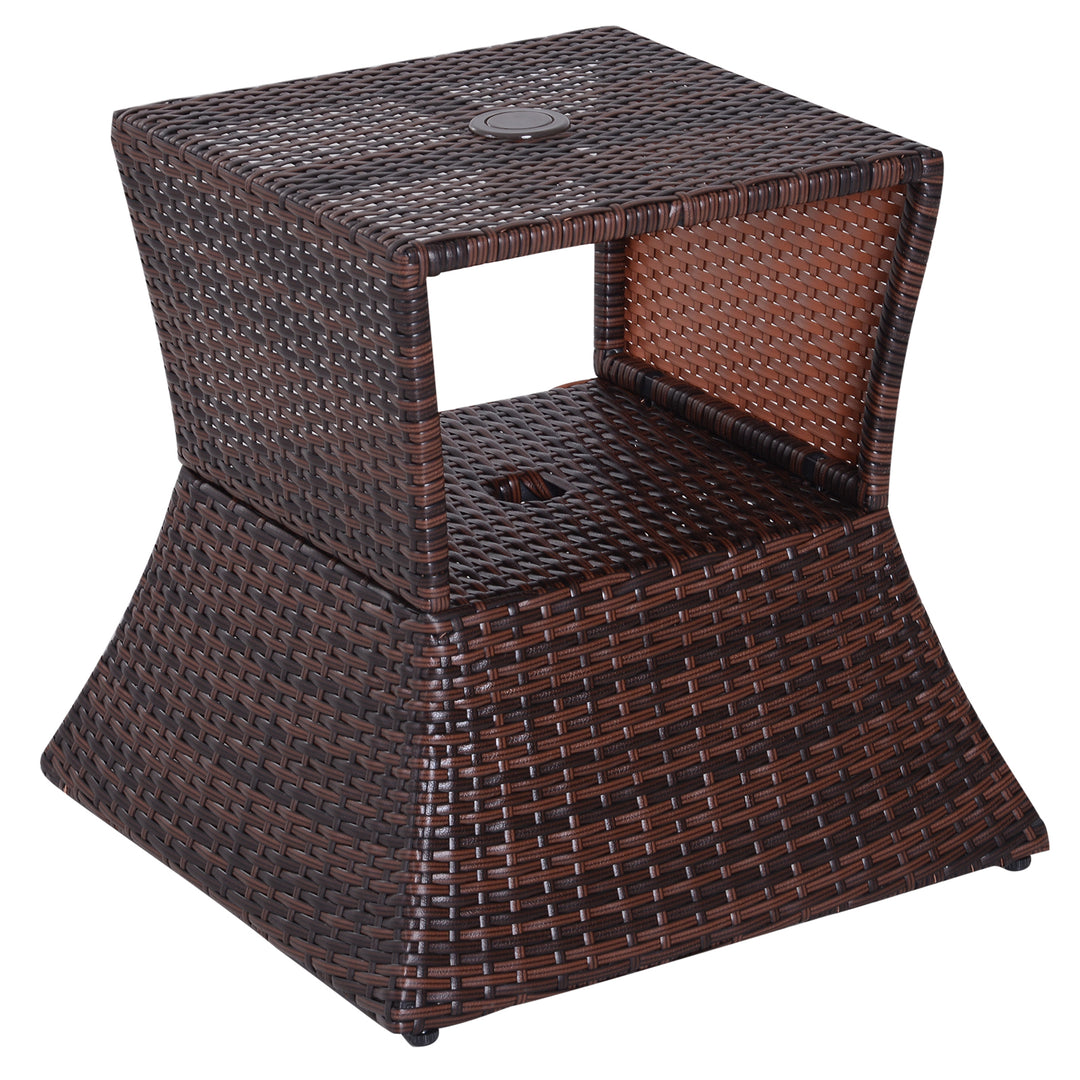 Outdoor Patio Rattan Wicker Coffee Table Bistro Side Table w/ Umbrella Hole and Storage Space, Brown