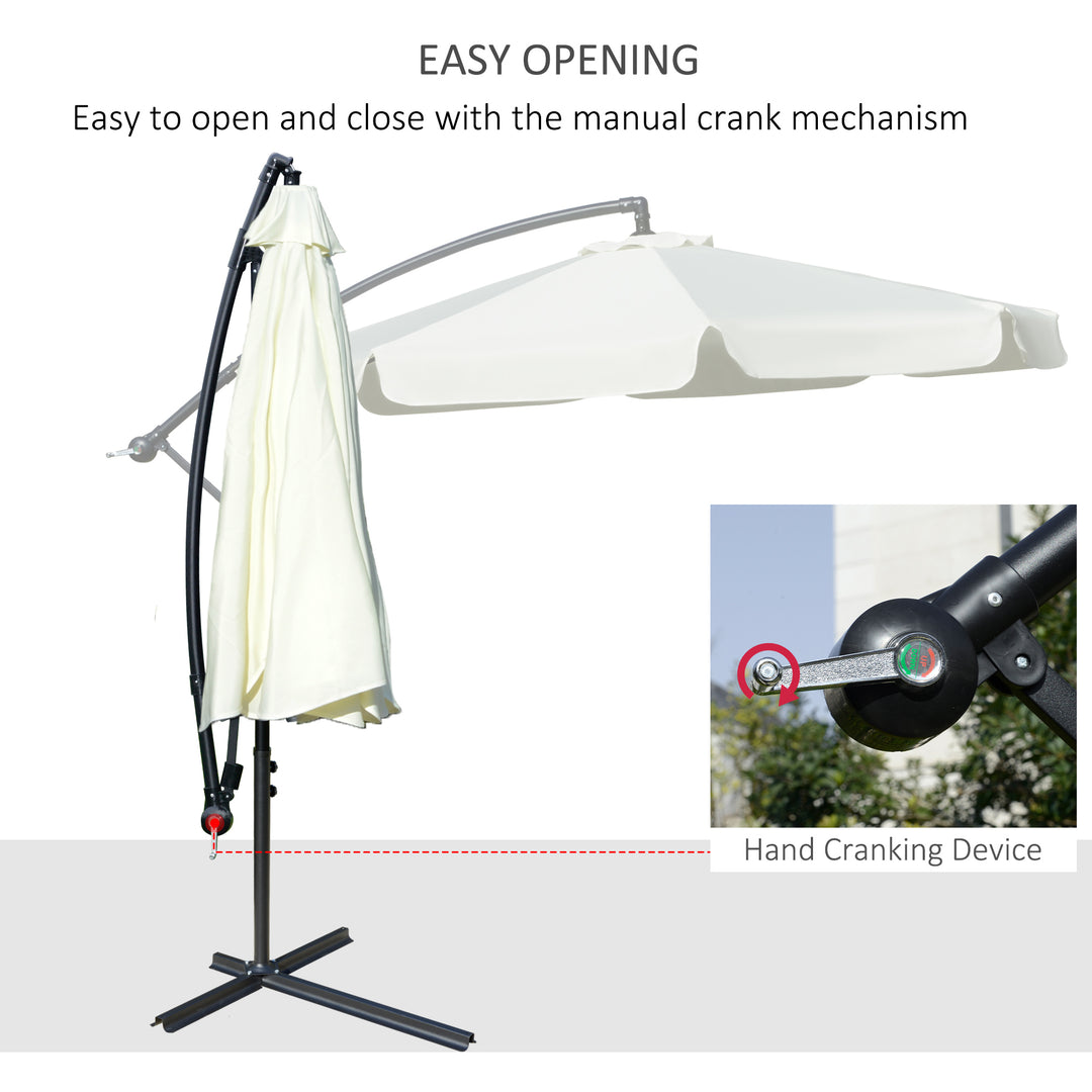 Outsunny 2.7m Banana Parasol Cantilever Umbrella with Crank Handle and Cross Base for Outdoor, Hanging Sun Shade, Cream White