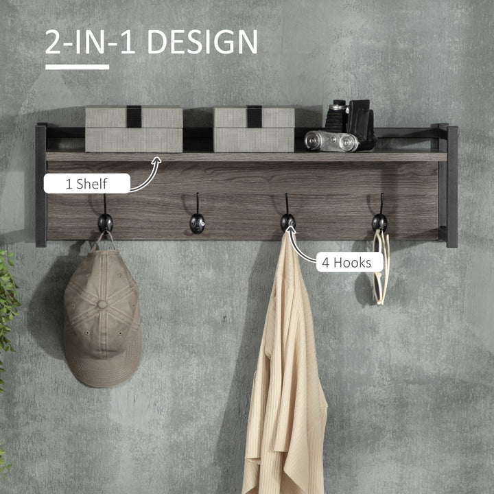 Coat Rack Wall-Mounted with 4 Coat Hooks and Open Storage Shelf, Versatile Floating Hanging Shelf, Key Holder for Entryway, Mudroom, Grey