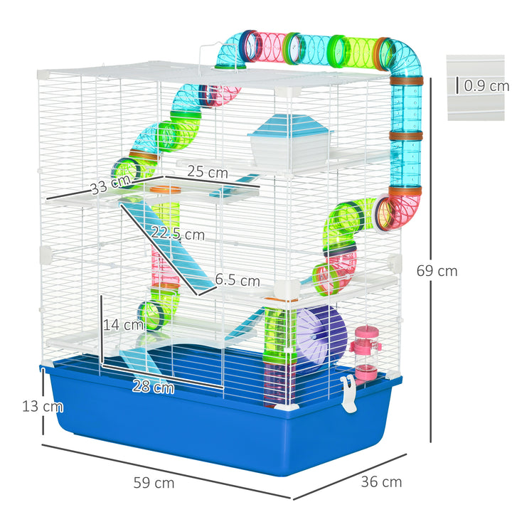 Large Hamster Cage, 5-Level Gerbil Haven, Small Rodent House, Tunnel Tube System, with Water Bottle, Exercise Wheel, Ramps, 59x36x 69 cm Blue