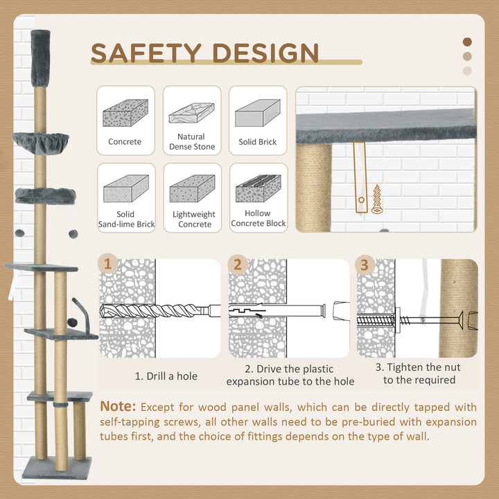 PawHut Floor to Ceiling Cat Tree for Indoor Cats, 6-Tier Play Tower Climbing Activity Center with Scratching Post, Platforms, Bed, Hammock, Adjustable Height 230-250cm, Grey