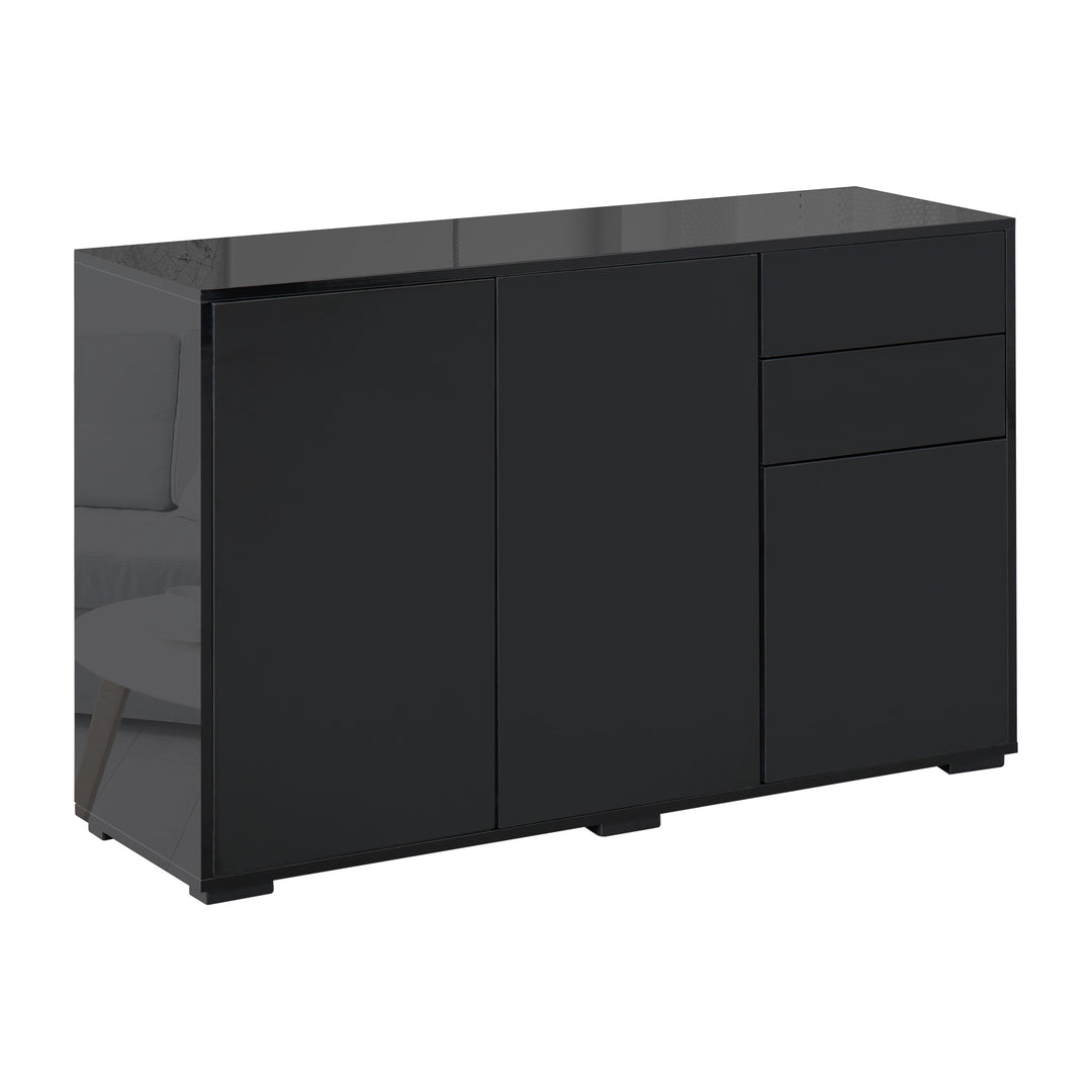 High Gloss Sideboard, Side Cabinet, Push-Open Design with 2 Drawer for Living Room, Bedroom, Black