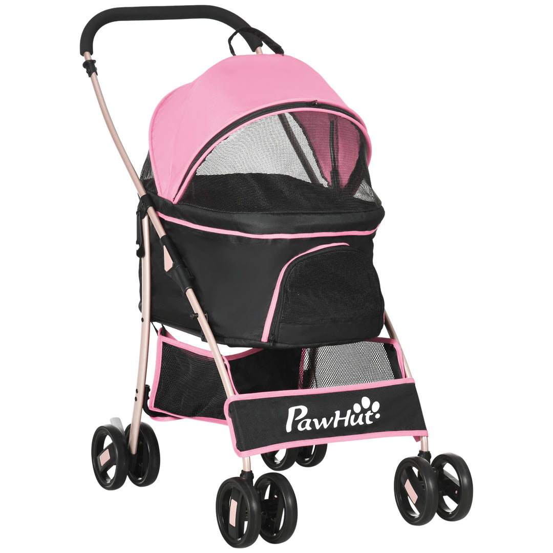 PawHut Detachable Pet Stroller, 3-In-1 Dog Cat Travel Carriage, Foldable Carrying Bag with Universal Wheel Brake Canopy Basket Storage Bag, Pink