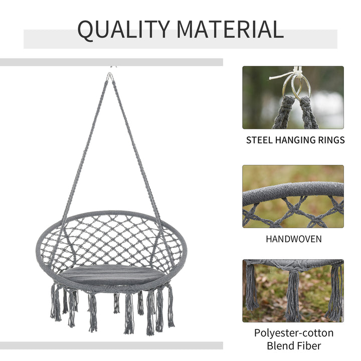 Outsunny Cotton-Polyester Blend Macrame Hanging Chair Swing Hammock for Indoor & Outdoor Use with Backrest, Fringe Tassels, Grey