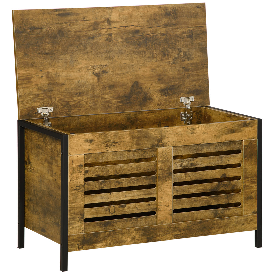 Industrial Storage Bench, Lift Top Storage Chest, Shoe Bench, Toy Box Organizer with Lid &amp; Louvered Cabinet, for Bedroom, Entryway Rustic Brown