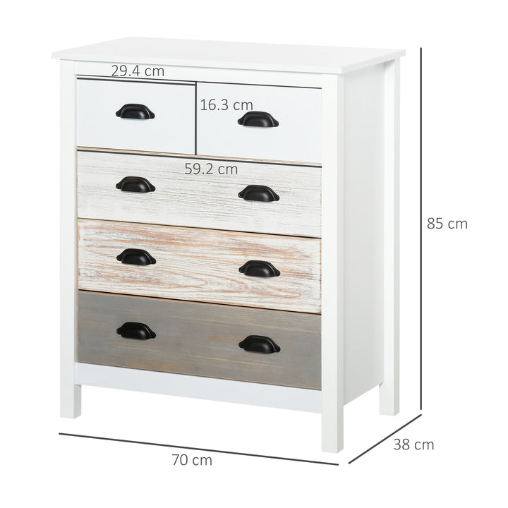 HOMCOM Side Cabinet Home Organizer with 5 Storage Drawer Unit, Round Handle for Bedroom, Living Room, Multi-Coloured