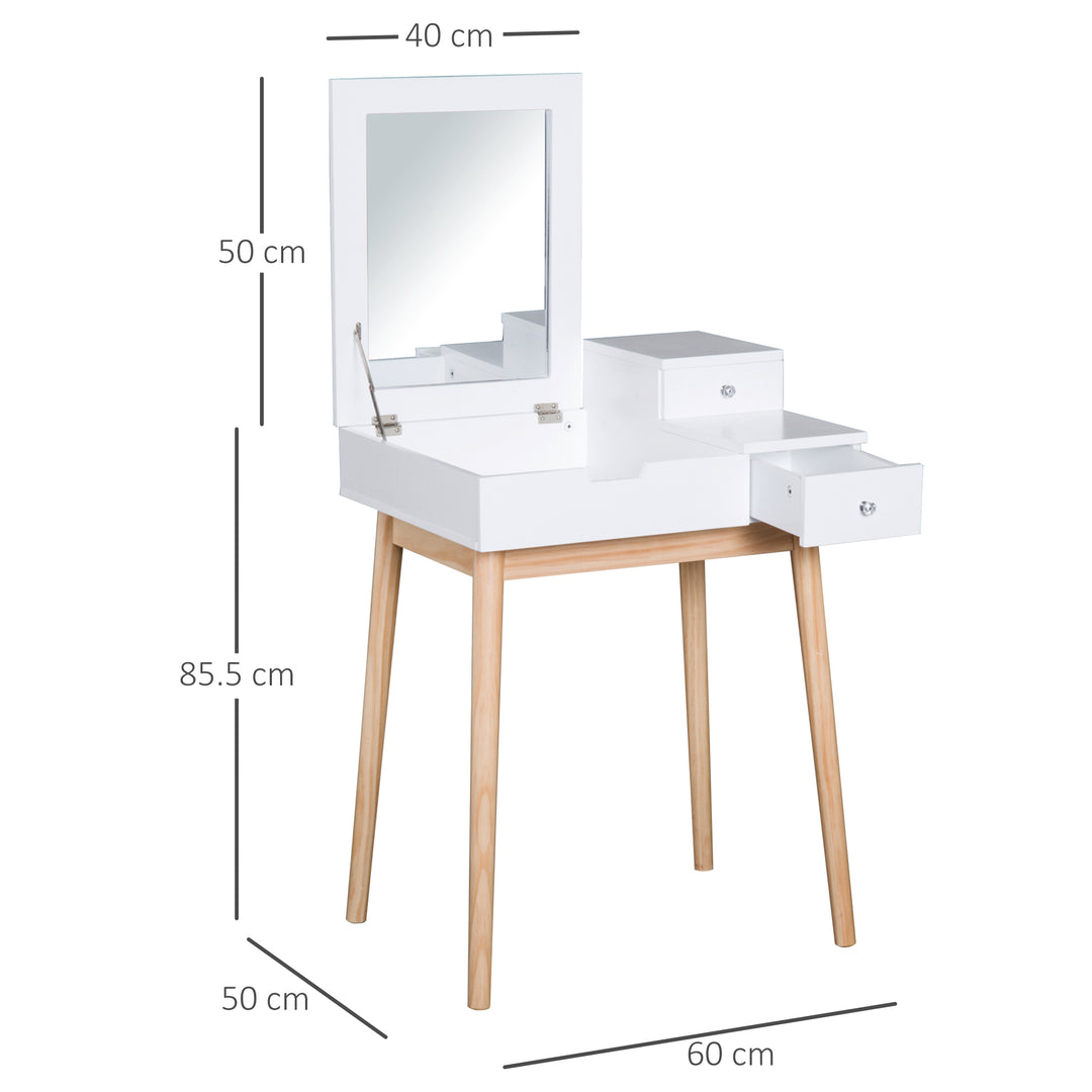 Pine Dressing Table Desk Flip-up Mirror Multi-purpose 2 Drawers Modern - White