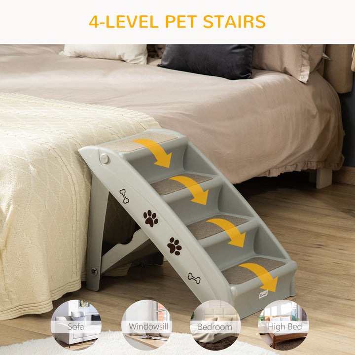 PawHut Foldable Pet Stairs, 4-Step for Cats Small Dogs with Non-slip Mats, 62 x 38 x 49.5 cm, Grey