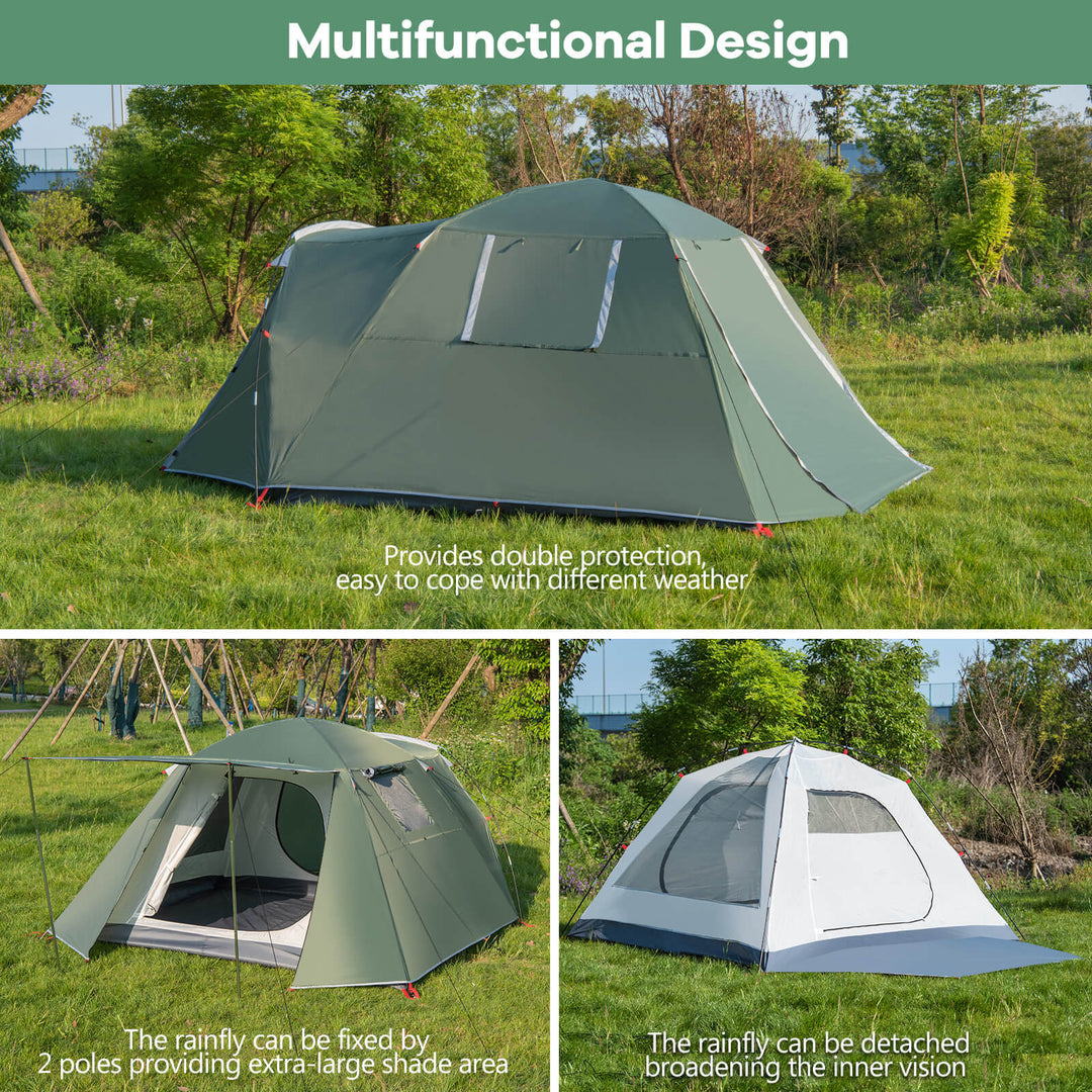 Double Layers Dome Tent for 4-6 Persons with Carrying Bag-Green