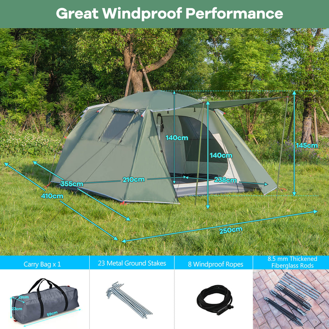 Double Layers Dome Tent for 4-6 Persons with Carrying Bag-Green