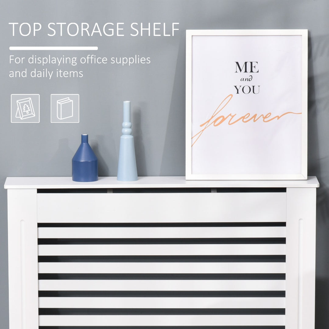 MDF Modern Radiator Cover Cabinet Top Shelving Home Office Slatted Design White 112L x 19W x 81H cm