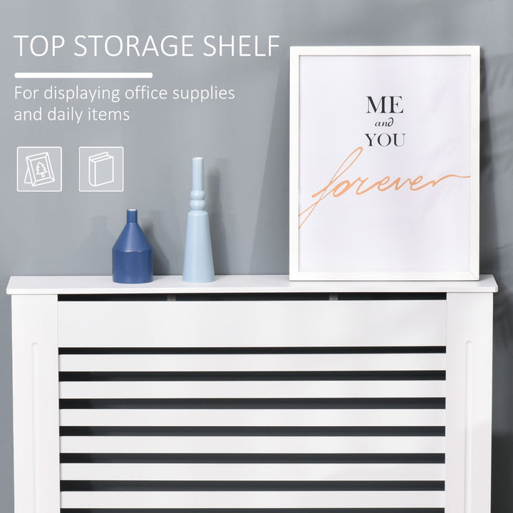 MDF Modern Radiator Cover Cabinet Top Shelving Home Office Slatted Design White 112L x 19W x 81H cm