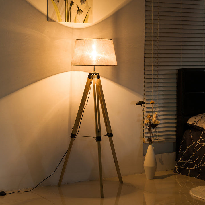 Tripod Floor Lamp Wooden Adjustable Modern Illumination Design E27 Bulb Compatible (Cream Shade) 99-143H