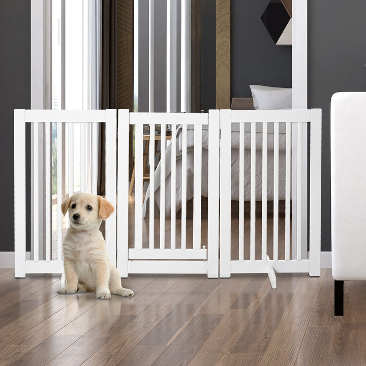 Pet Gates MDF Freestanding Expandable Dog Gate Wood Doorway Pet Barrier Fence w/ Latched Door White