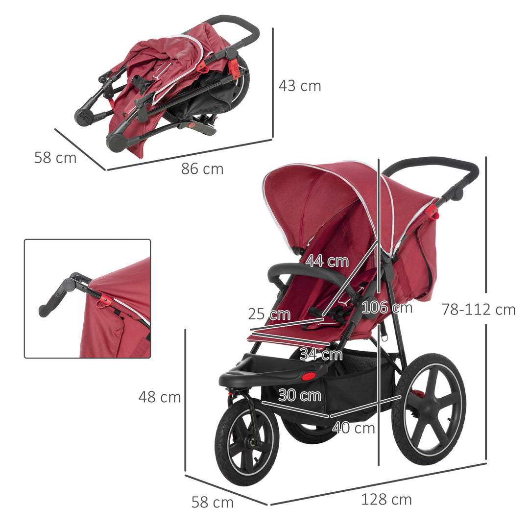 Foldable Three-Wheeler Baby Stroller w/ Canopy, Storage Basket - Red
