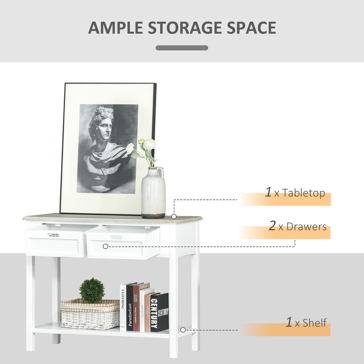 Console Table with 2 Drawers and Storage Shelf, Vintage Distressed Sofa Table for Hallway, Living Room, Bedroom, White