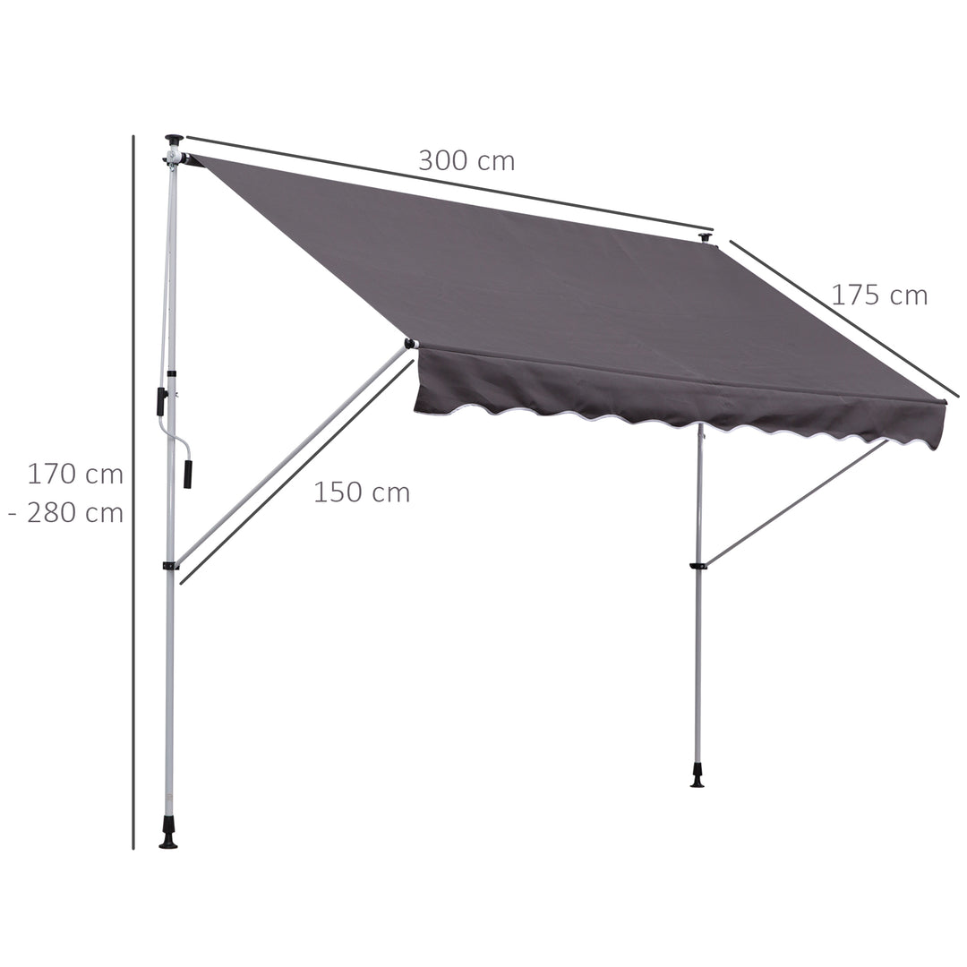 Balcony 3 x 1.5m Manual Adjustable Awning DIY Patio Clamp Awning Canopy  Retractable Shade Shelter - Grey