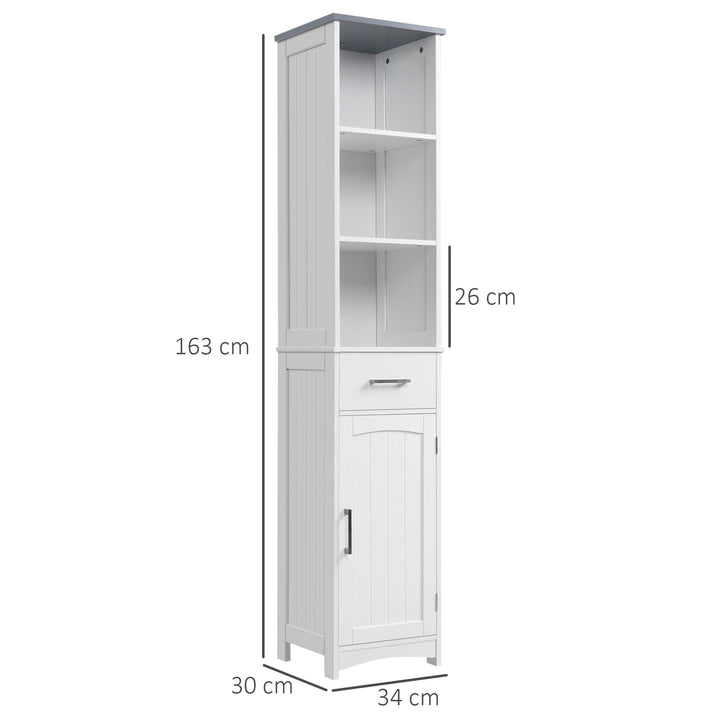 Tall Bathroom Storage Cabinet with 3 Tier Shelf, Cupboard, Drawer, Door, Freestanding Linen Tower, Slim Side Organizer, White