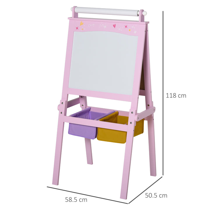 3 In 1 Kids Wooden Art Easel with Paper Roll Double-Sided Chalkboard & Whiteboard with Storage Baskets Gift for Toddler Girl Age 3 Years+ Pink
