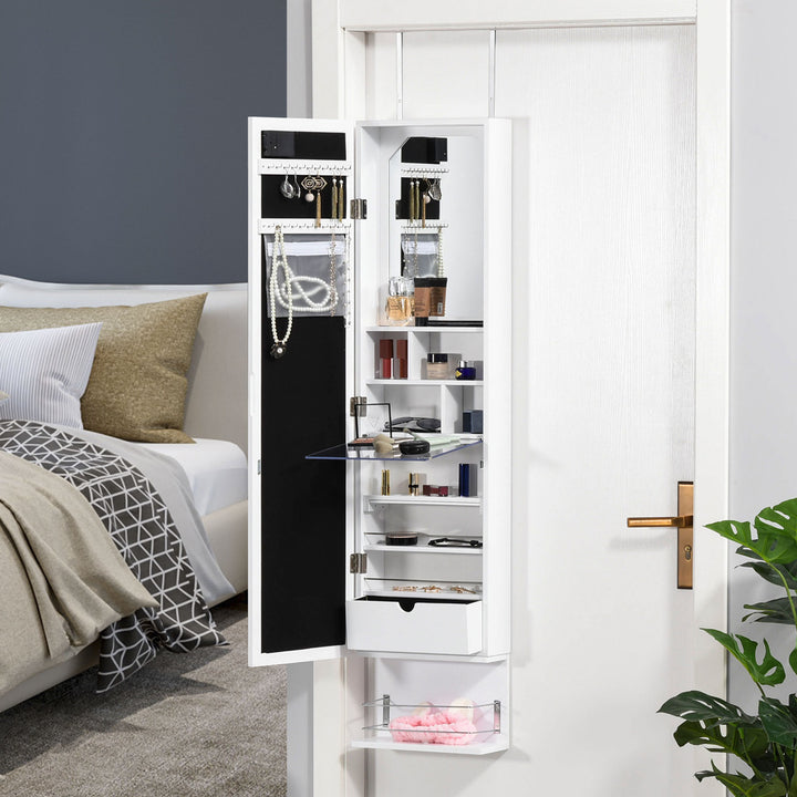Jewellery Storage Mirror Cabinet Wall Mounted or Door Hanging w/ Hooks Shelves Drawer 18 Lights Brush Holder Vanity Makeup White