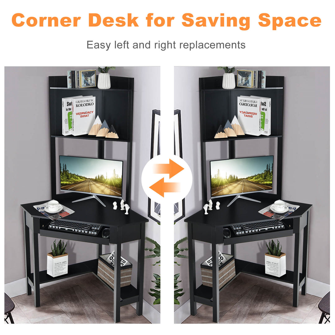 Corner Computer Desk with Hutch and Storage Shelves-Black