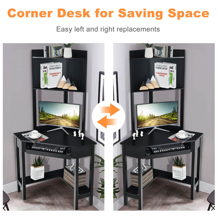 Corner Computer Desk with Hutch and Storage Shelves-Black
