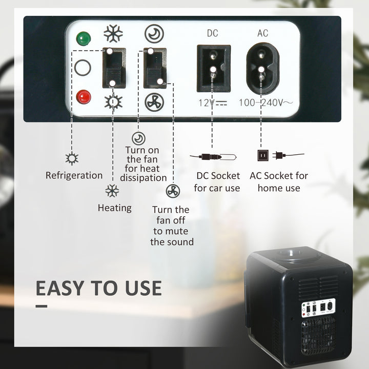 4 L/6 Can Mini Fridge, AC+DC Portable Cooler &amp; Warmer for Skincare, Makeup, Cosmetics, Food, for Bedroom, Home, Caravan, Car, Black