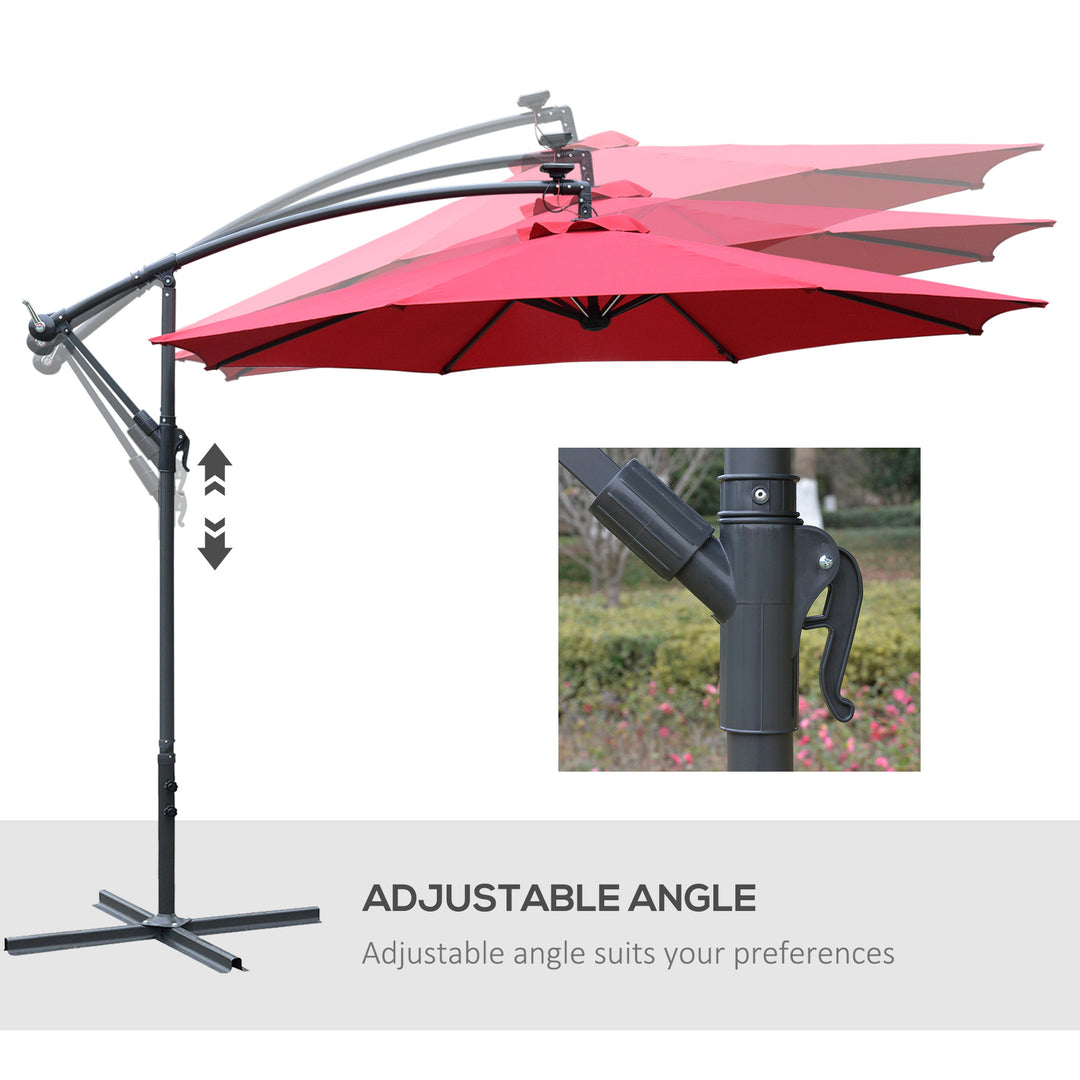 3m LED Patio Banana Umbrella Cantilever Parasol w/ Crank Cross Base Hanging Offset Umbrella Frame Steel  Aluminium Garden Table Outdoor Red