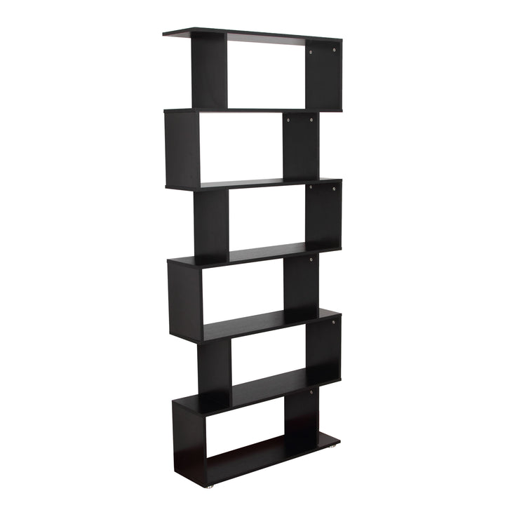 S Shape Wooden 6-tier Bookshelf Open Concept Bookcase Storage Display Unit for Home Office Living Room, Black