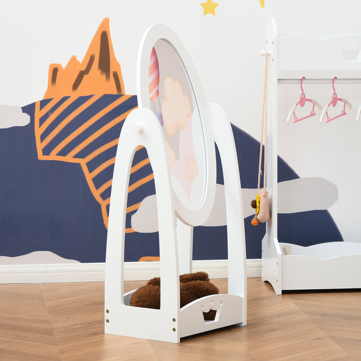 Free Standing Full Length Mirror, Child's Dressing Mirror with storage shelf 360° Rotation MDF, For 3- 8 Years Old, 40L x 30W x 104H cm