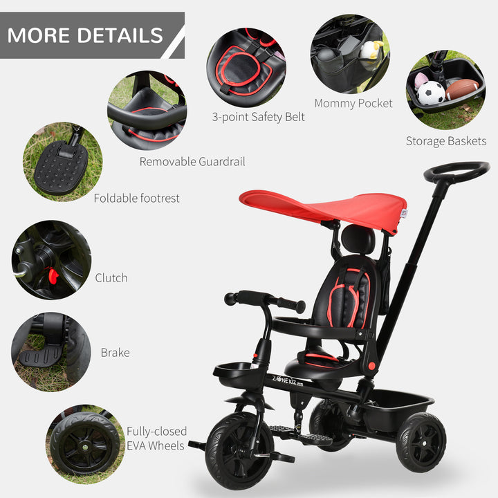 4 in 1 Baby Tricycle Toddler Stroller Foldable Pedal Tricycle w/ Reversible Angle Adjustable Seat Removable Handle Canopy Handrail Belt-Red