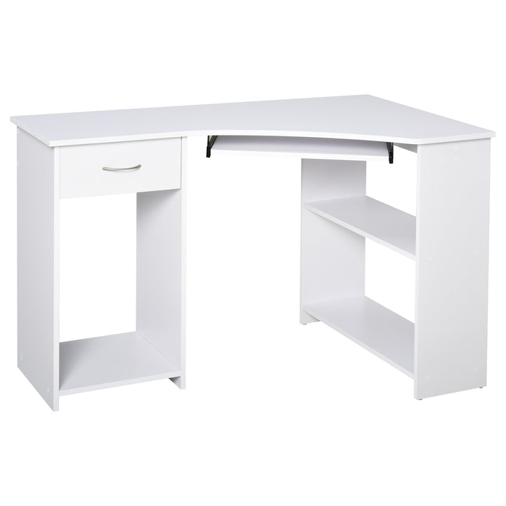 HOMCOM L-Shaped Corner Computer Desk w/ 2 Shelves Wide Worktop Keyboard Tray Drawer & CPU Stand Home Office Study Bedroom Furniture White