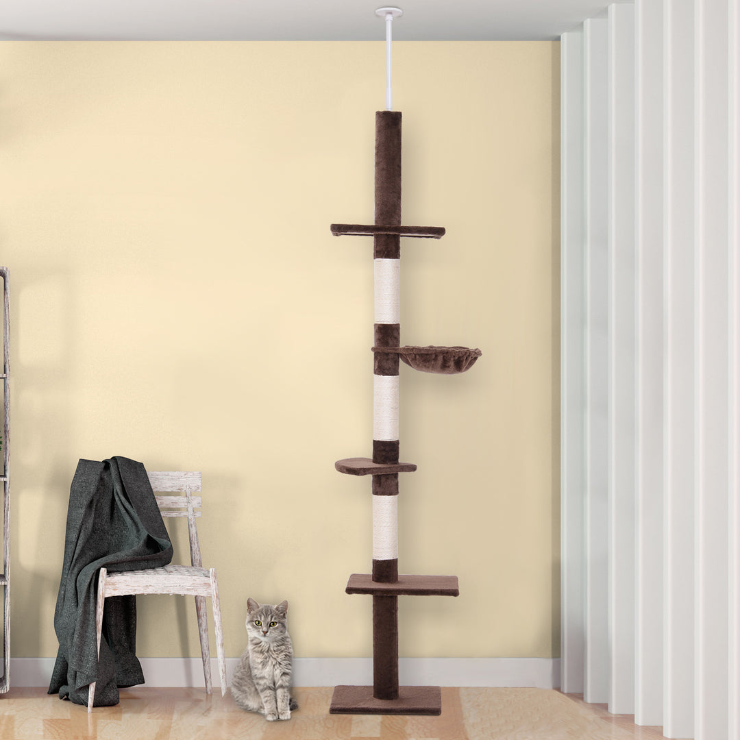 PawHut Floor to Ceiling Cat Tree for Indoor Cats 5-Tier Kitty Tower Climbing Activity Center Scratching Post Adjustable Height 230-260 cm Brown