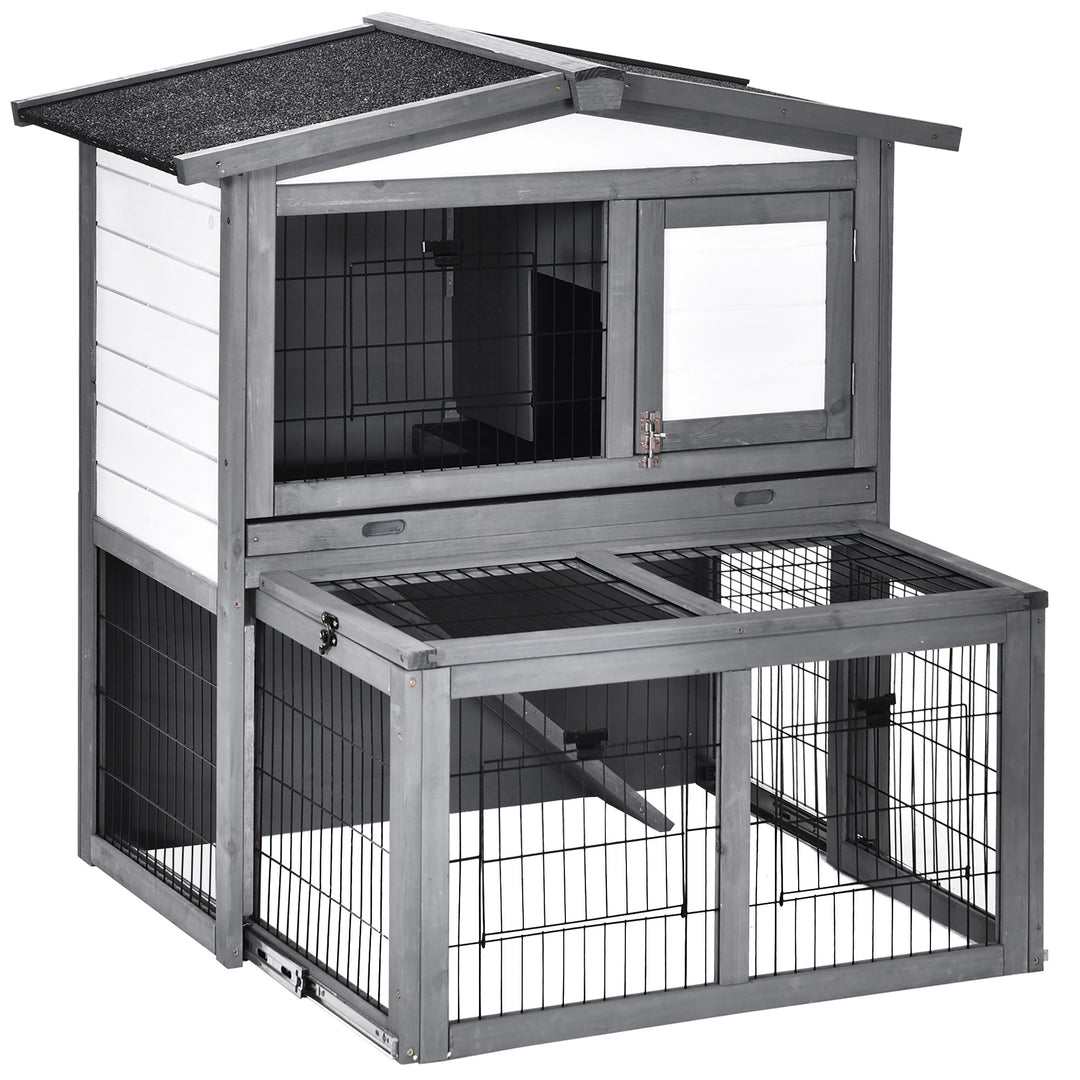 2 Tier Wooden Rabbit Hutch Small Animal Cage Slide Out Tray Ramp Outdoor Run Openable Roof Grey 101.5 x 90 x 100 cm